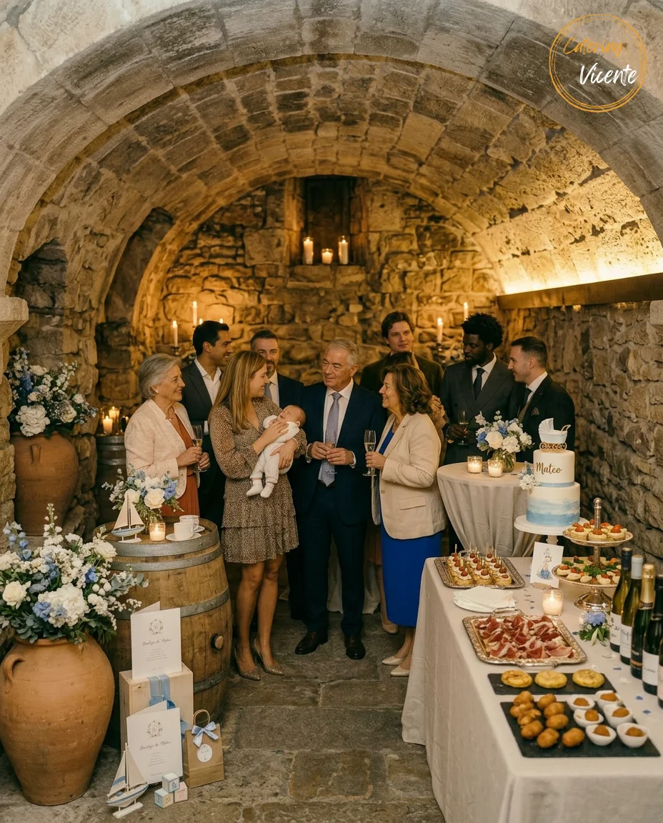 Celebración familiar de bautizo en una histórica bodega de piedra abovedada. Un grupo de diez adultos bien vestidos y un bebé recién nacido se reúnen alrededor de una mesa de catering de lujo llena de aperitivos, jamón ibérico y una tarta de bautizo con el nombre 'Mateo'. Una mesa de barril adyacente tiene decoraciones florales y de bautizo con temática náutica. El logo de Catering Vicente es visible en la esquina superior derecha.