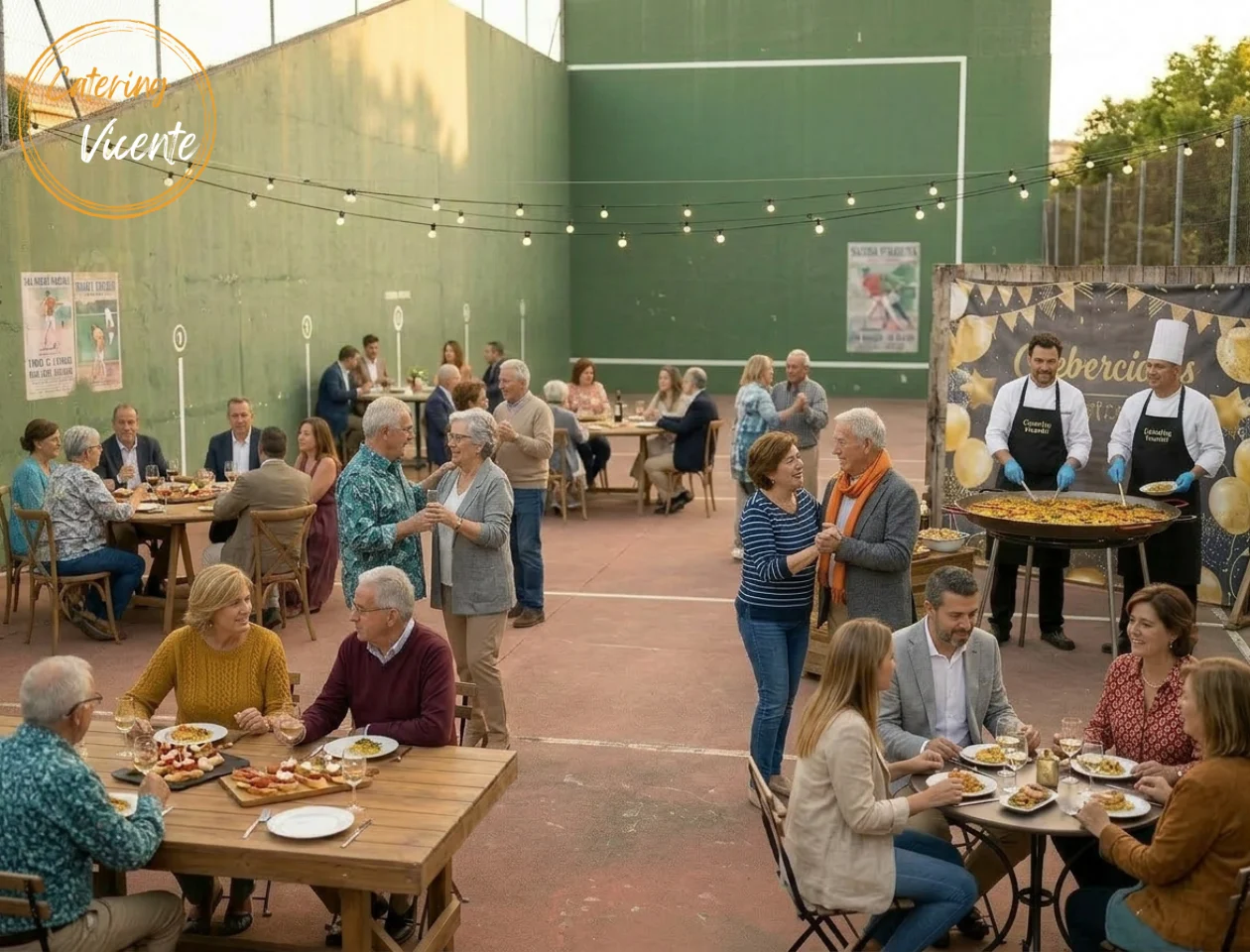 Fiesta informal en un frontón de La Rioja con personas mayores de 60 años, en donde está Catering Vicente al fondo y espacio central despejado.