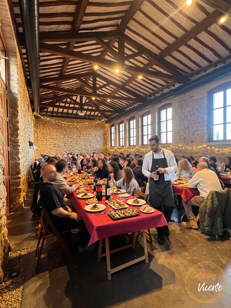 Salón rústico de piedra con mesas largas llenas de comensales y platos servidos por el equipo de Catering Vicente, con el personal atendiendo las mesas y los rostros ligeramente difuminados.