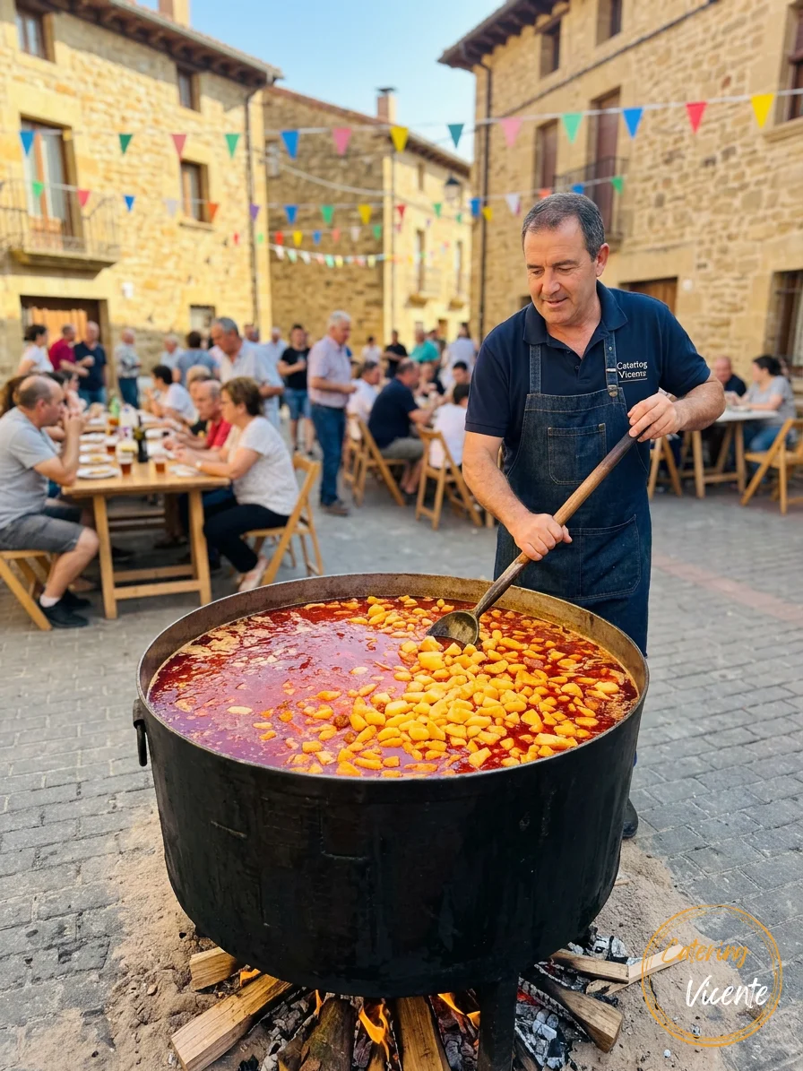 Un chef de Catering Vicente revuelve un caldero gigante de guiso de patatas sobre un fuego de leña en una plaza de pueblo medieval llena de gente y banderines festivos