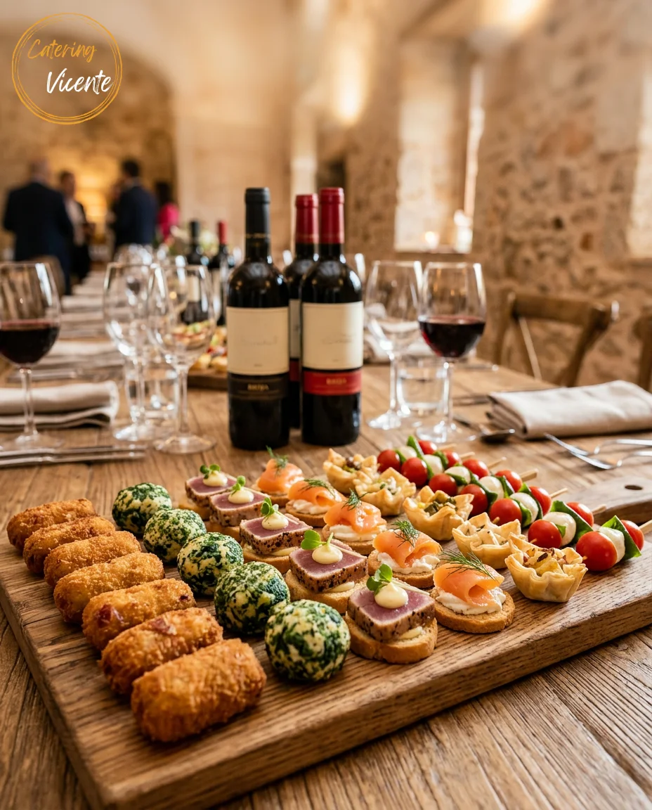 Tabla de aperitivos variados de Catering Vicente en primer plano, con croquetas y bocados gourmet bien colocados, y botellas de vino genéricas desenfocadas al fondo en un ambiente de celebración elegante.