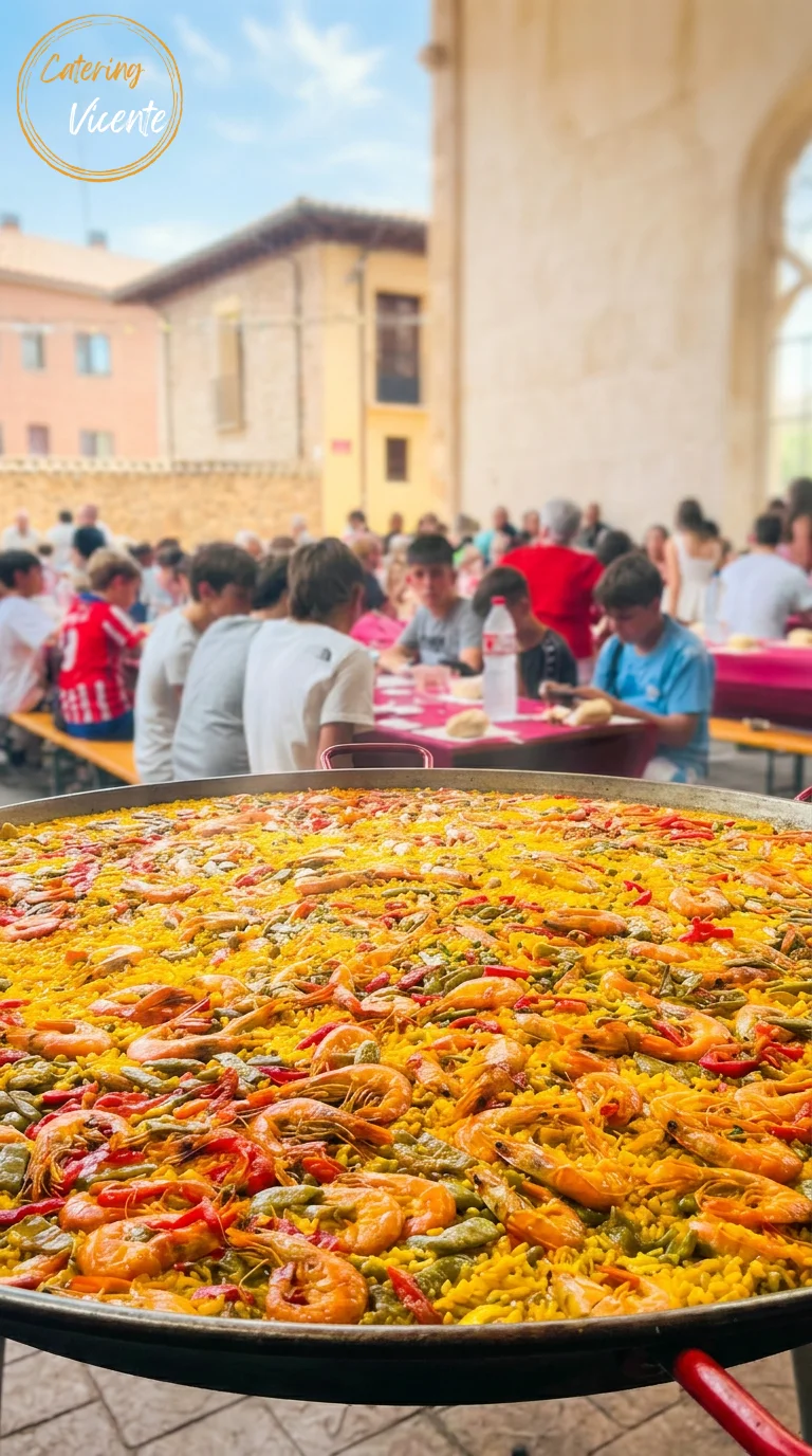 Una sartén gigante de paella en primer plano, repleta de arroz amarillo, langostinos y verduras. Al fondo, mucha gente come en un evento comunitario al aire libre en un pueblo español, con el logo de Catering Vicente en la esquina.