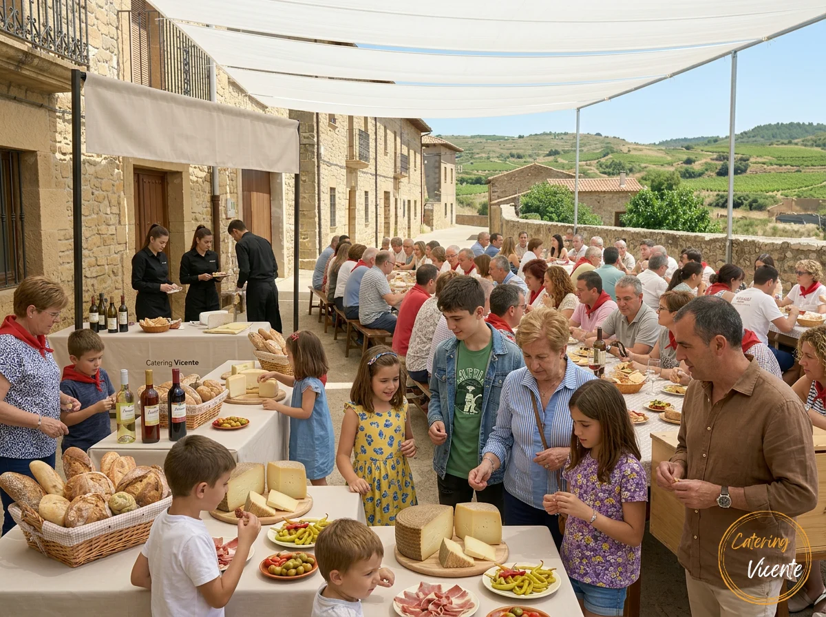 Fiesta del Pan y el Queso de Quel en La Rioja con familias, adolescentes y niños disfrutando de un catering informal servido por Catering Vicente.